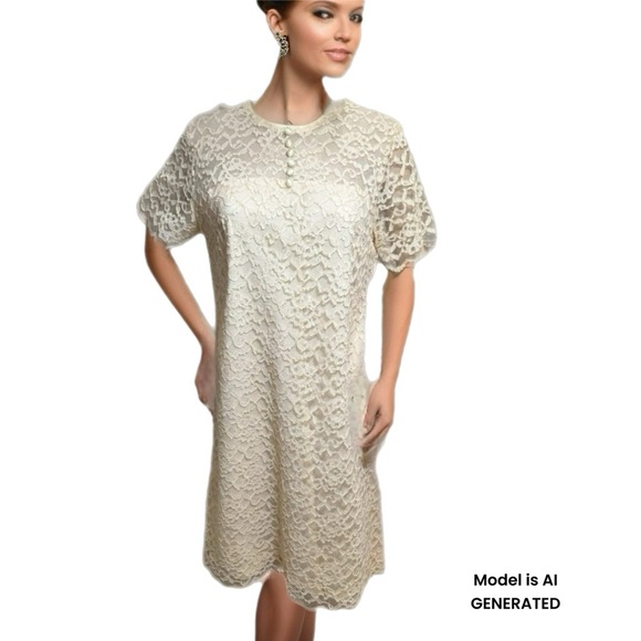 Vintage 60s Ivory Lace MOD Short Sleeve Dress Sz Small Summer Knee Length - Picture 1 of 12